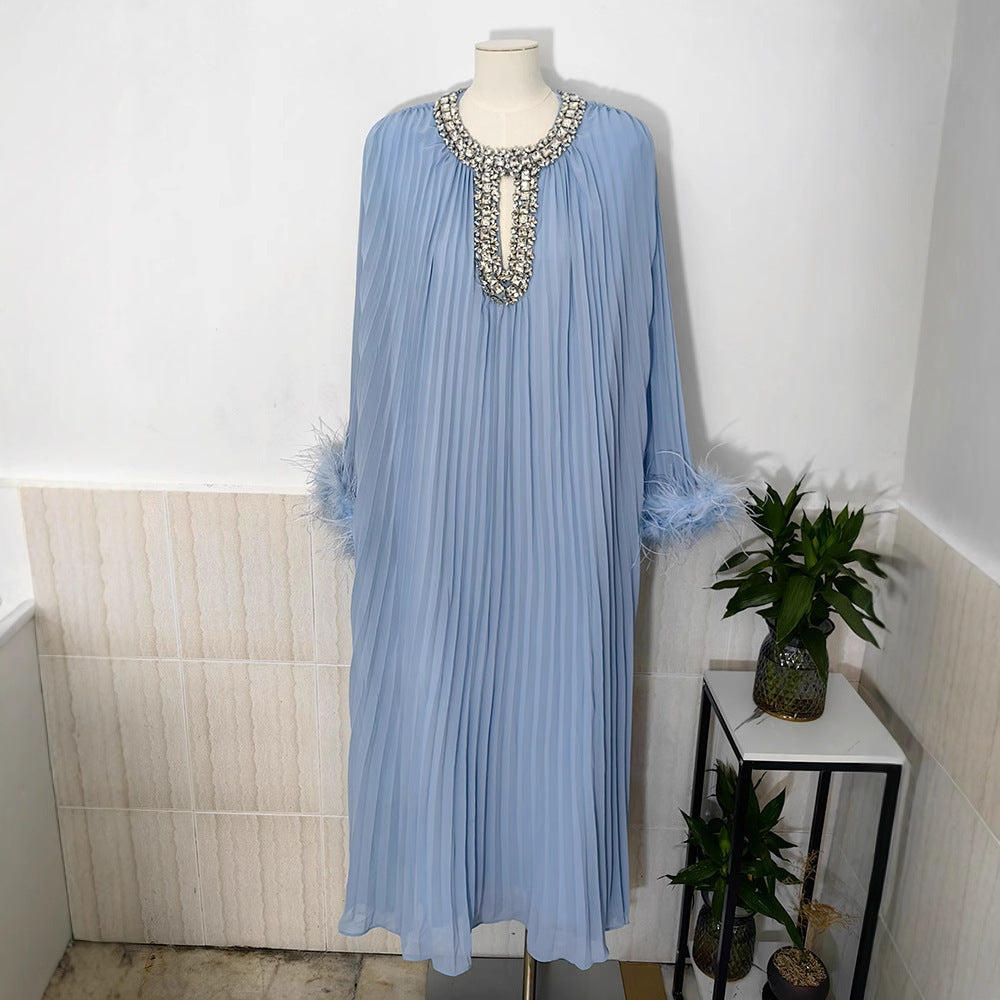 Women's Australian Fashion Beaded Feather Sleeve Long Autumn Hollow Pleated Dresses