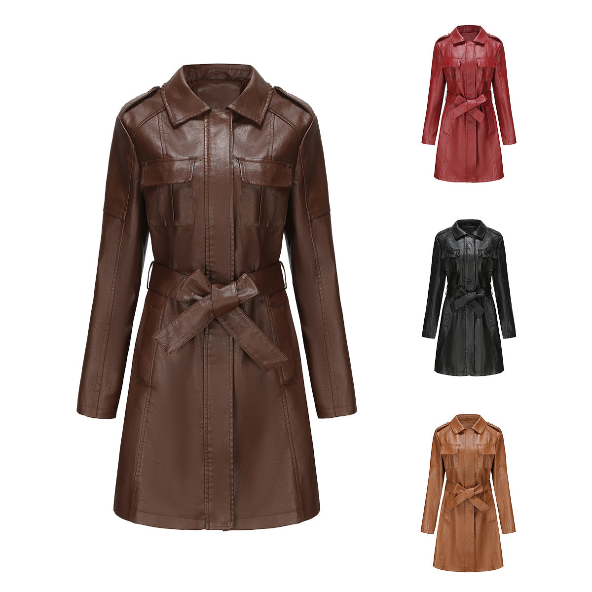 Women's Mid-length Leather Including Belt Long Sleeve Jackets