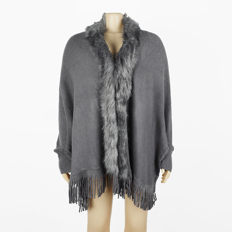 Tassel Cape Shawl Fur Collar Cloak Solid Color Women's Sweater