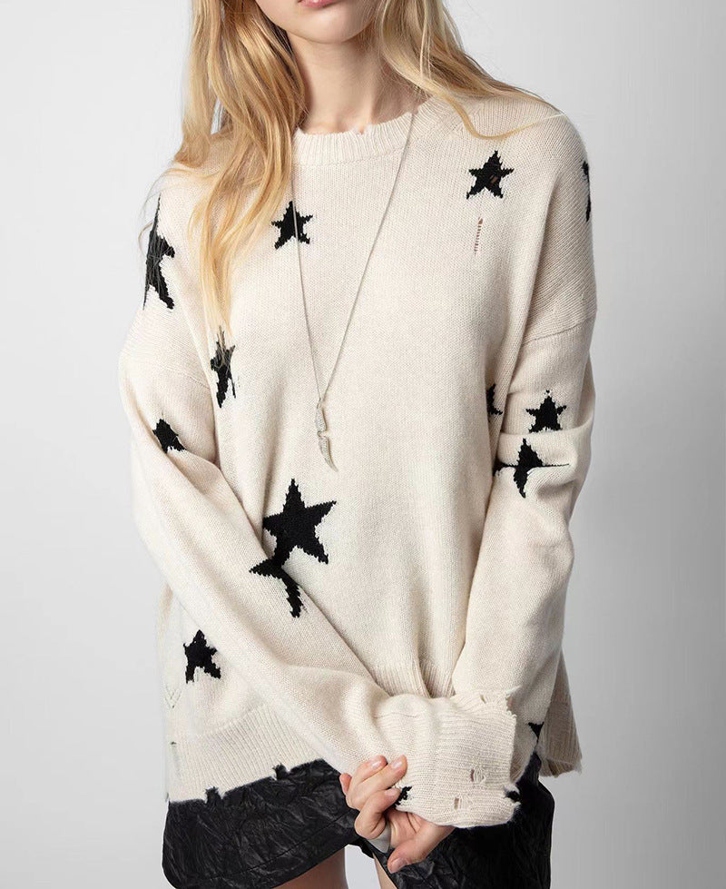 Women's French Niche Pattern Ripped Cashmere Loose-fitting Sweaters