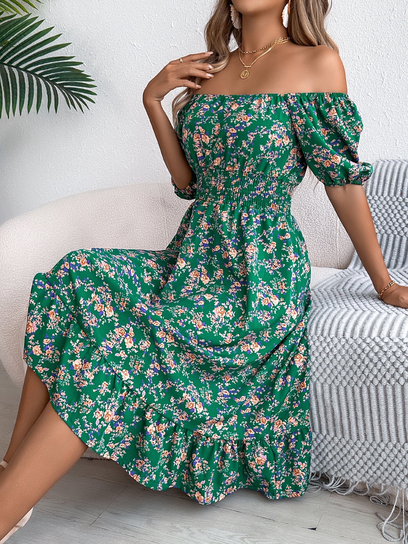 Women's Floral Square Collar Sleeve Ruffled A- Dresses