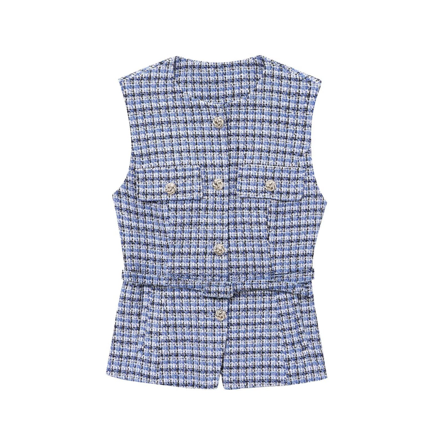 Women's Waistband Sequin Woolen Spring Elegant Metal Button Sleeveless Vests