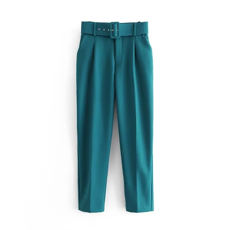 Women's European Spring With Belt Pure White Pants