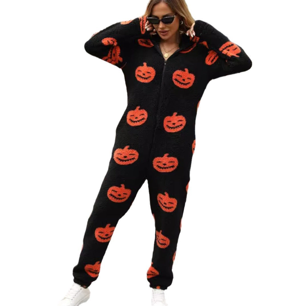 Women's Flash Veet Halloween Pumpkin Print Loose Jumpsuits