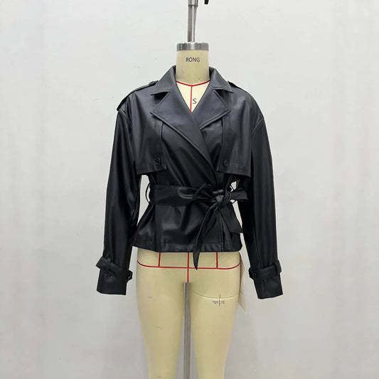Women's Leather Belt Waist Slim Fit Street Jackets