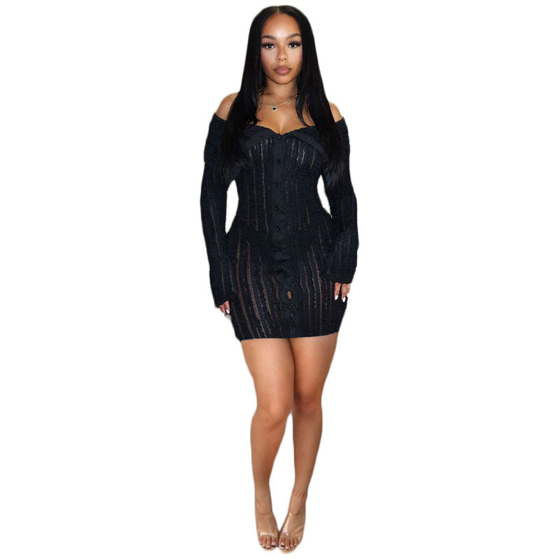 Women's Lapel Tight Wave Pattern Long Sleeve Dresses
