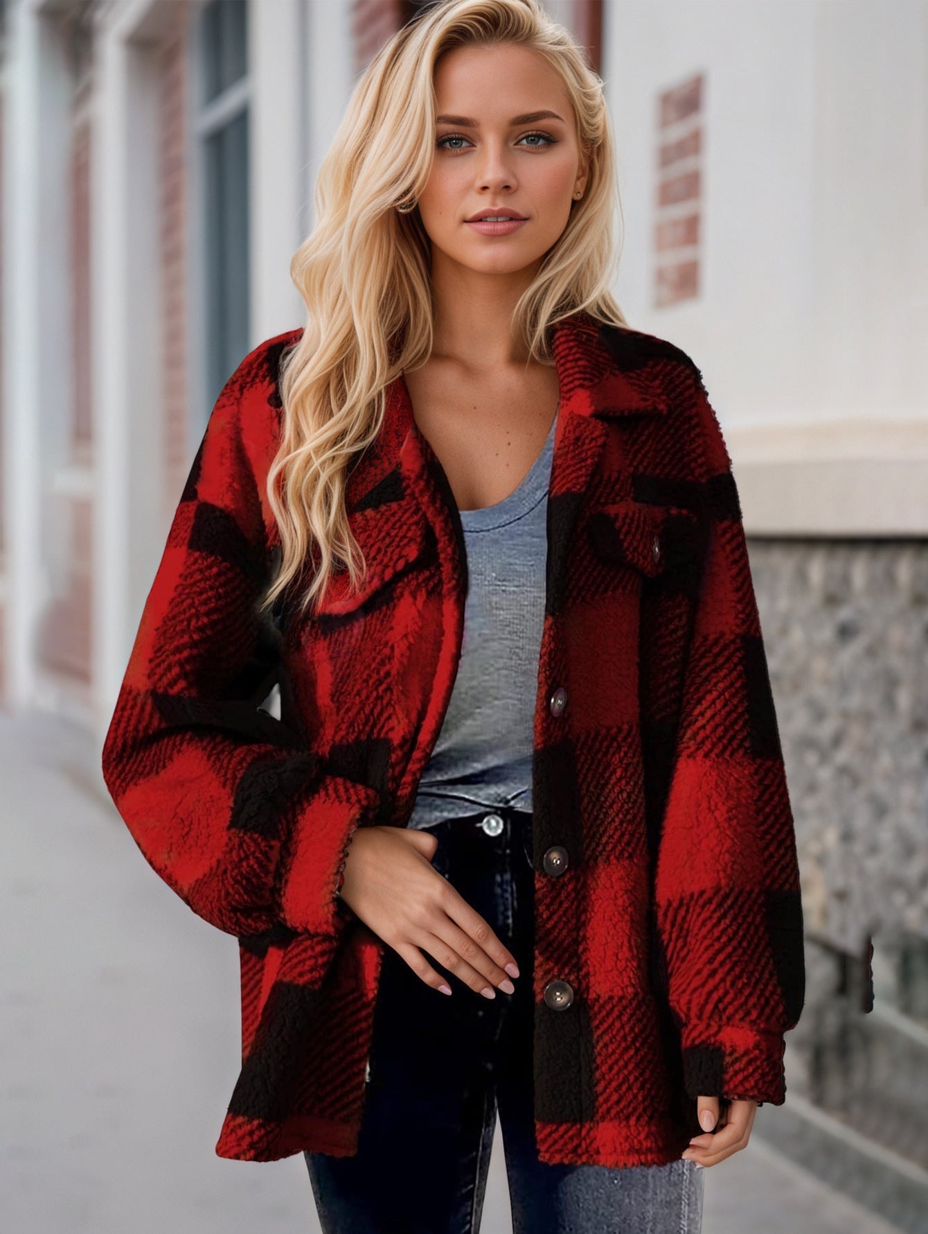Women's Button Lapel Plush Plaid Loose Casual Coats