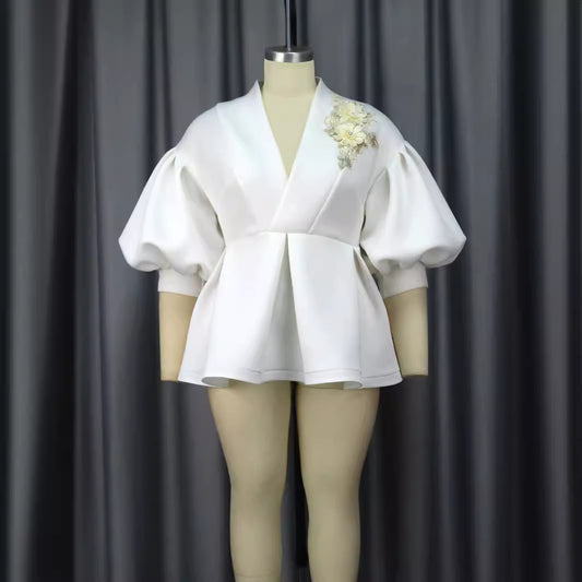 Women's Bishop Sleeves Temperament Style Collar Embroidered Blouses