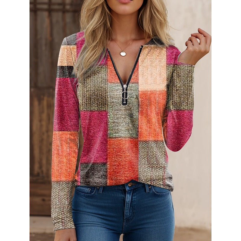 Women's Fashion Casual Loose Printed Zipper Cashmere Blouses