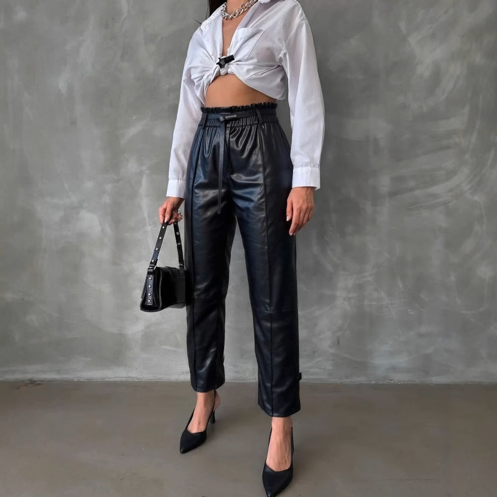 Women's Wear Leather Outing Slimming Casual High Pants