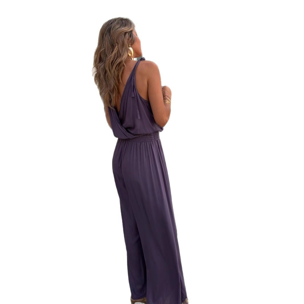 Golden Ribbon Trim Tight Waist Loose Jumpsuits
