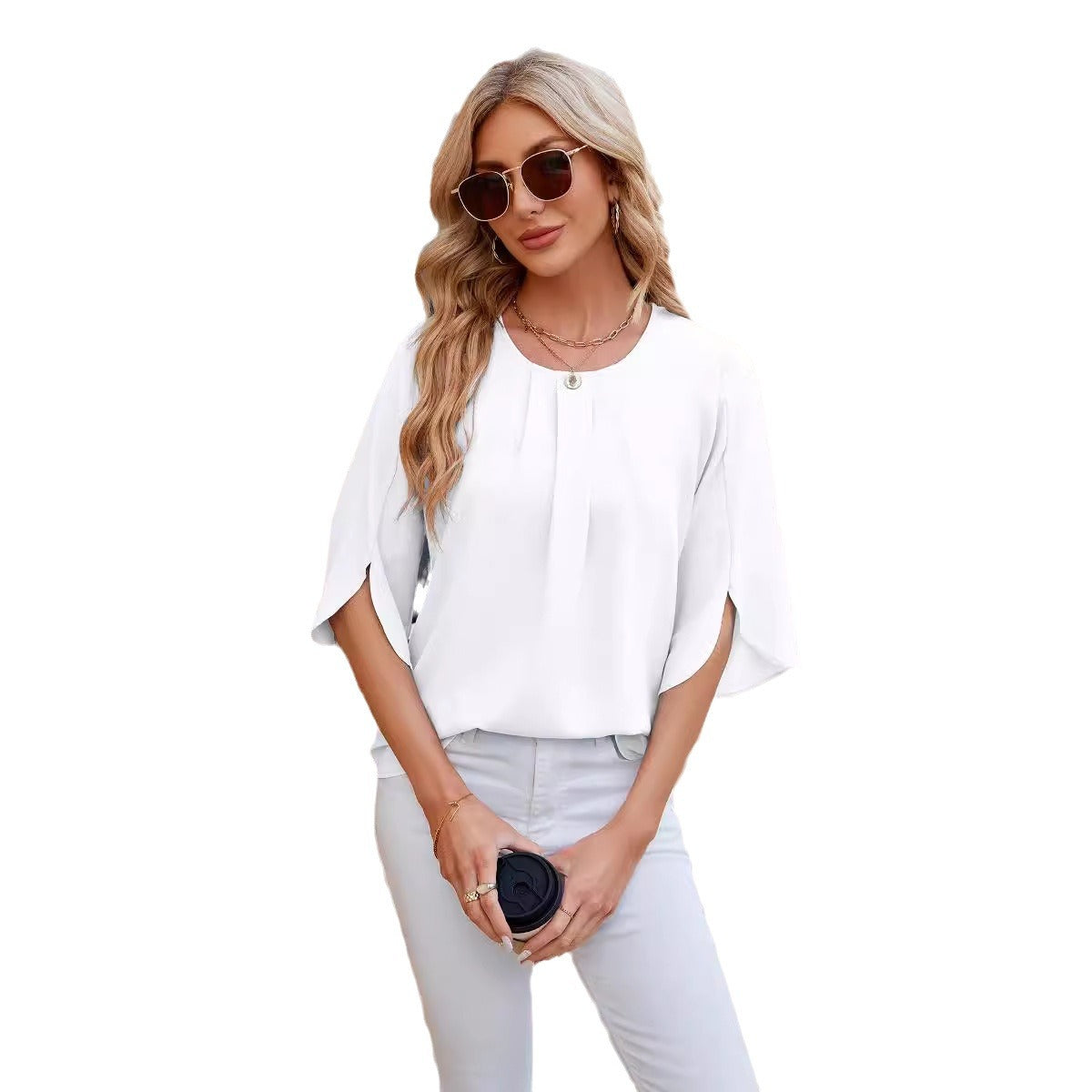 Women's Round Neck Half Sleeve Loose Chiffon Blouses
