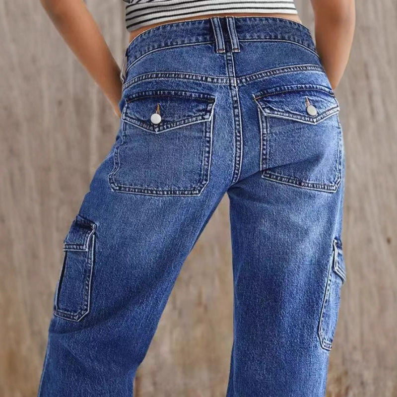 Women's Straight Stretch Slim Cargo With Large Jeans