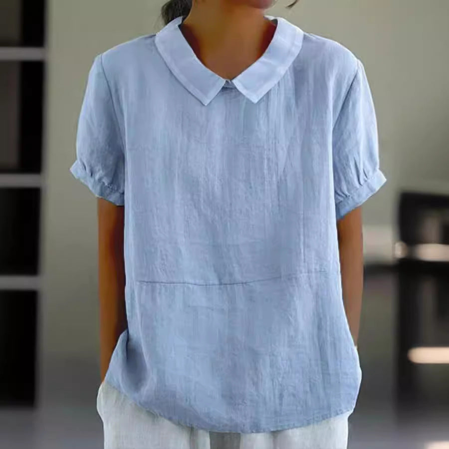 Women's Loose Lapels Shirt Sleeve Cotton Shorts
