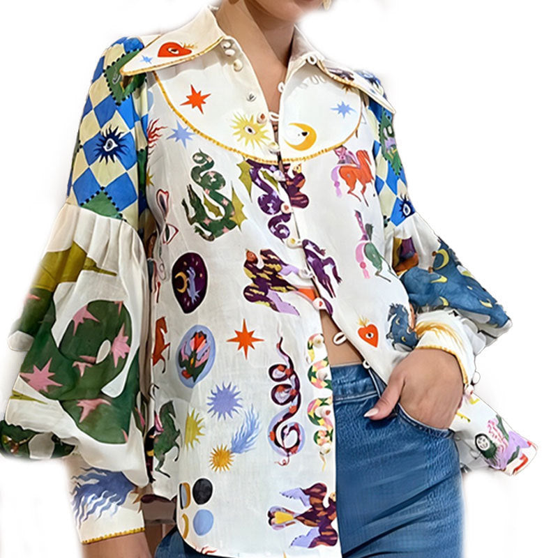 Women's Loose Iti Printing Lapel Lantern Sleeve Blouses
