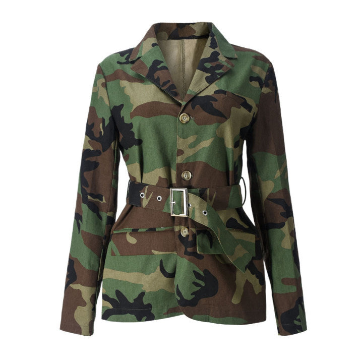 Women's Fashion Camouflage Belt Collar Three Button Coats