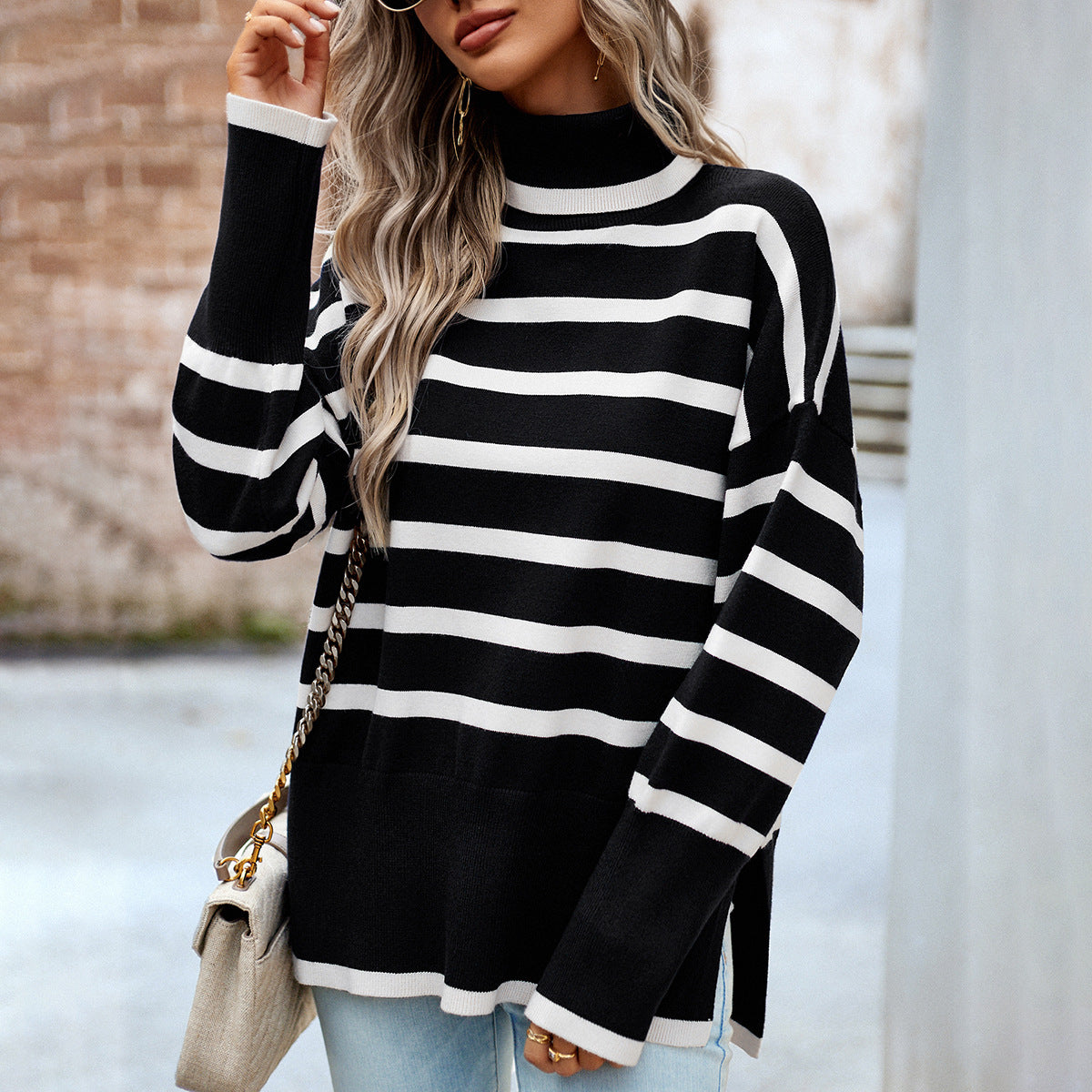 Women's Attractive Charming Striped Turtleneck Knitted Sweaters
