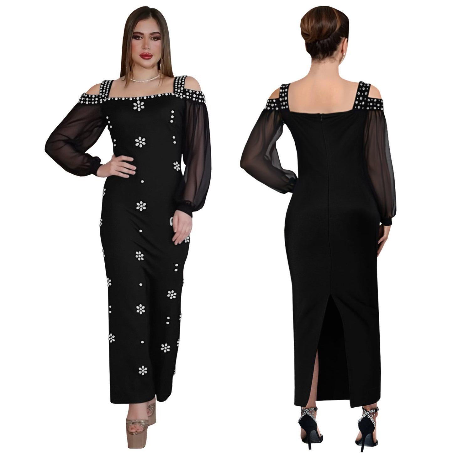 Women's Fashion Wear Elegant Rhinestone Square Collar Mesh Dresses