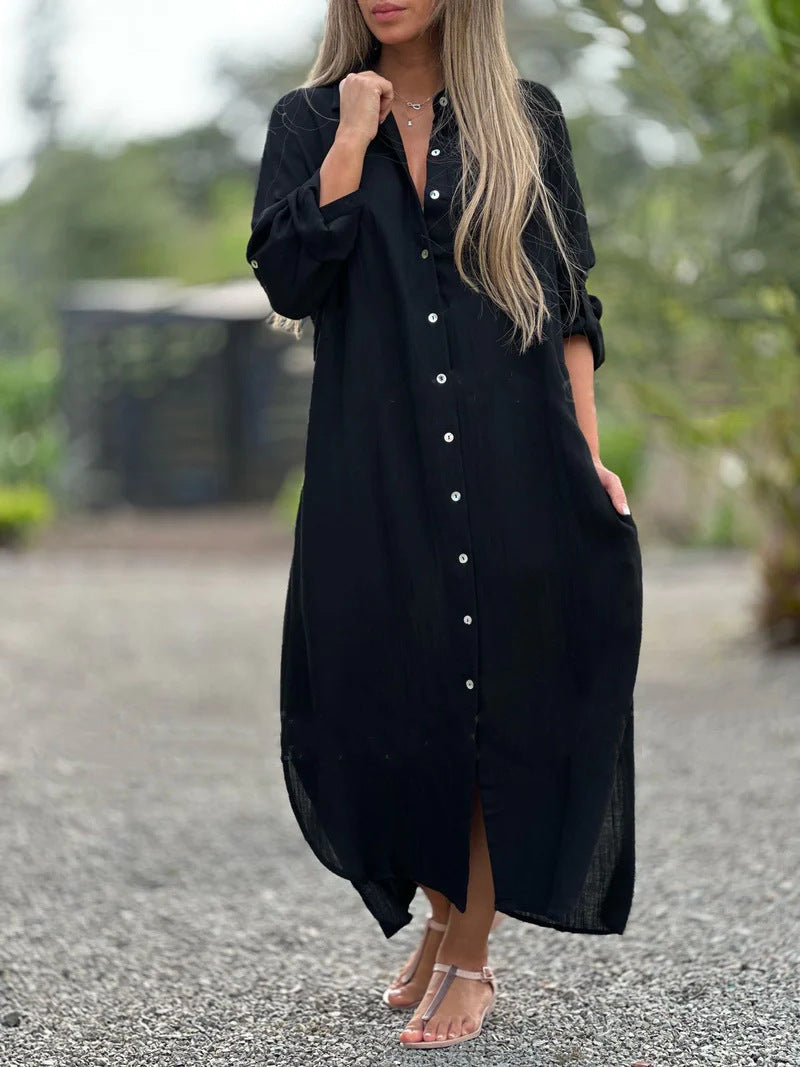 Women's Dress Cotton Linen Shirtdress Fashion Casual Cardigans