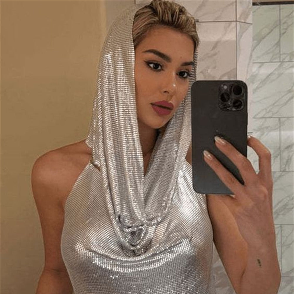 Women's Nightclub Back Slit Metal Sequins Scarf Tops