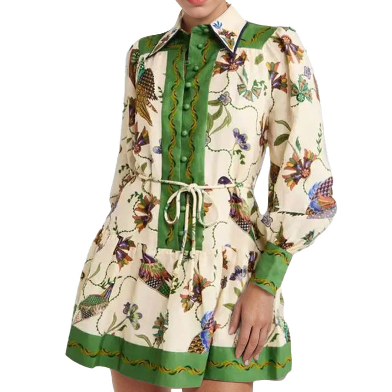 Women's Lace Printing Lapel Long Sleeve Pleated Dresses