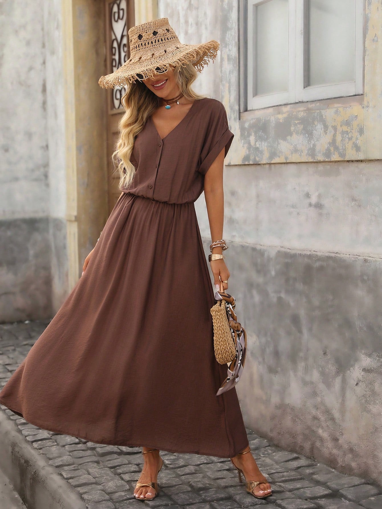 Women's Summer Solid Color Waist Tight Batwing Sleeve Dress