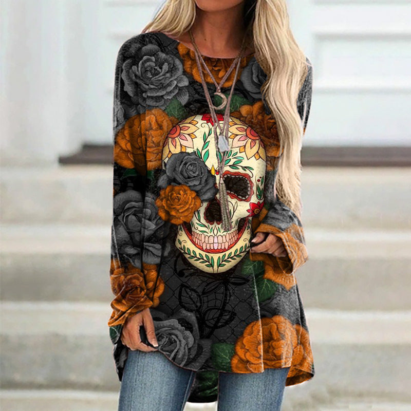 Women's Digital Printing Round Neck Long Sleeve Blouses