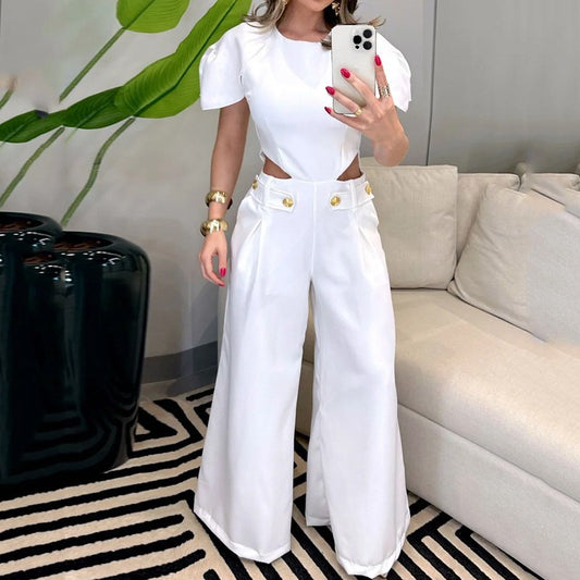 Button Zipper Waist Hollow Solid Color Pants