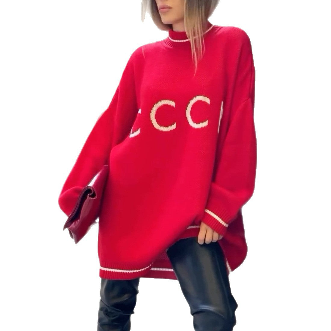 Women's Red Small Round Neck Loose Retro Sweaters