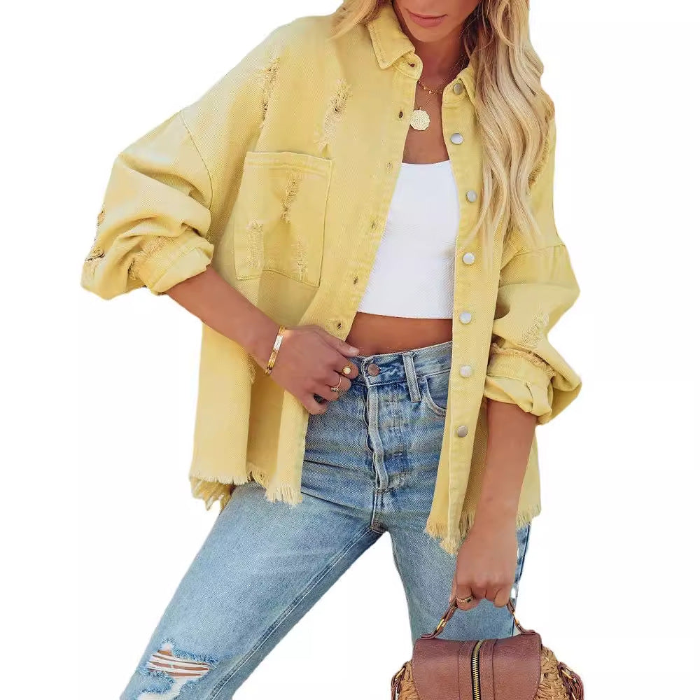 Women's Long Sleeve Raw Hem Ripped Denim Jackets