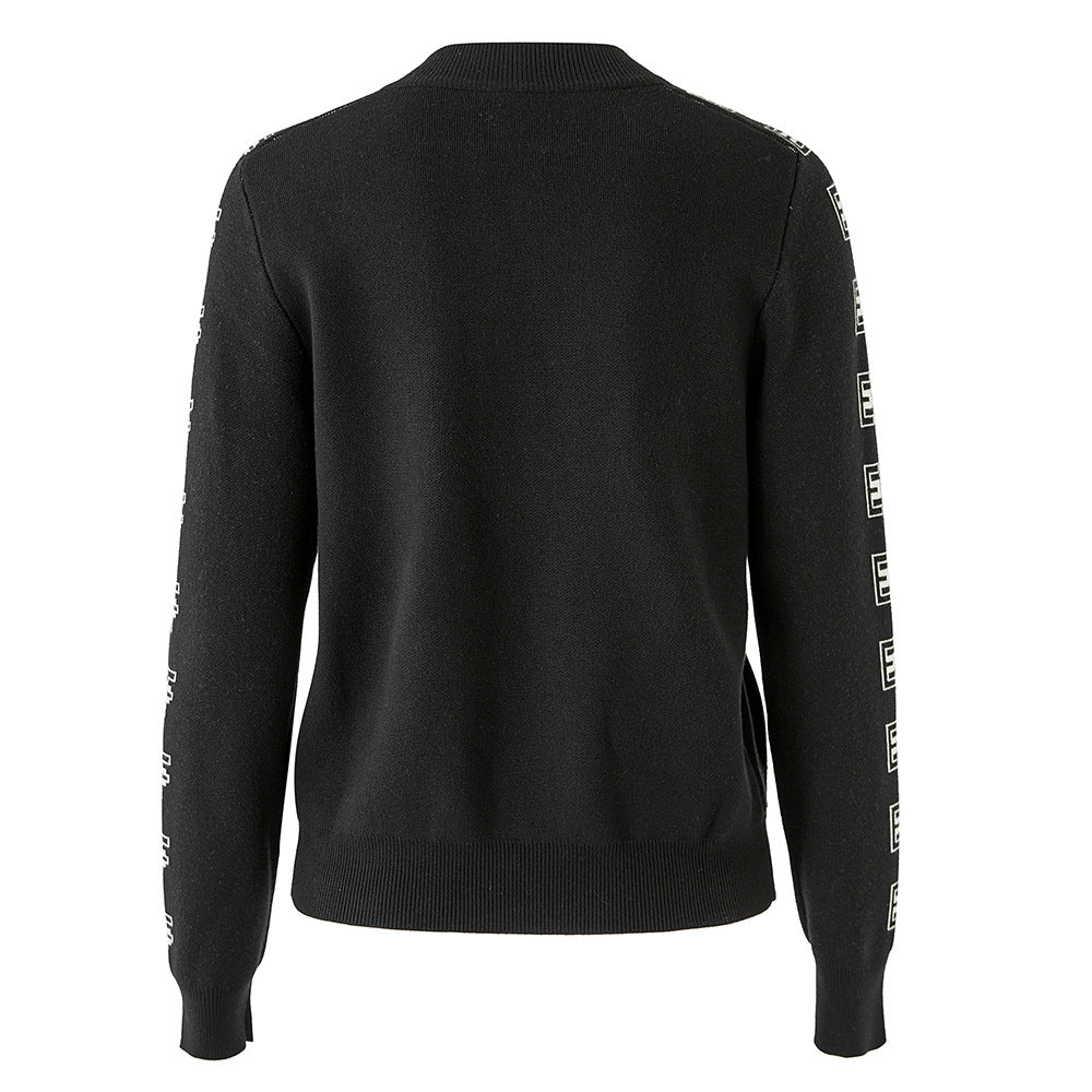 Sense Letter Zipper Black Round Neck Sweaters