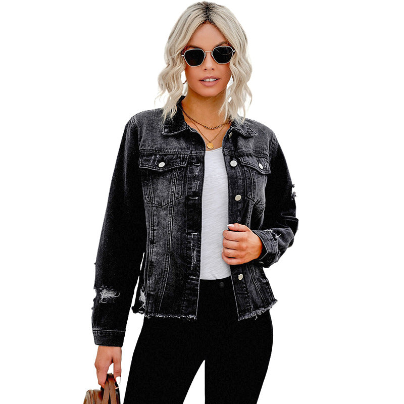 Women's Solid Color Single Row Washed Denim Cardigans