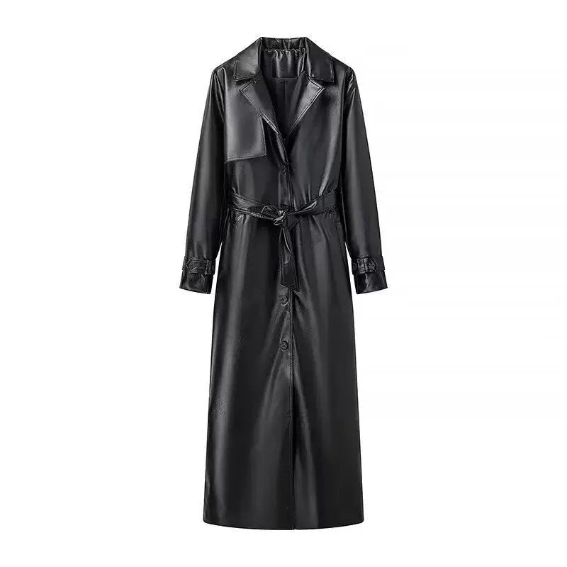 Women's Lapel With Belt Long Faux Leather Coats