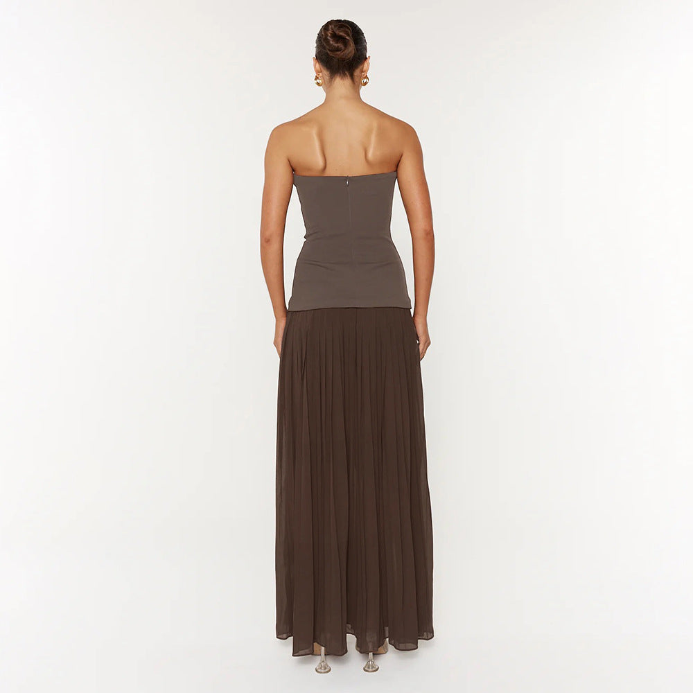 Women's French Ruffled White Coffee Color Matching Dresses