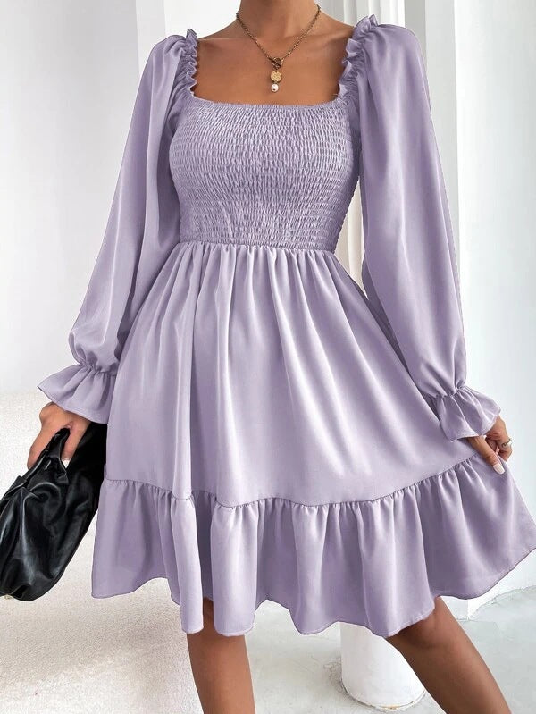 French Simplicity Square Collar Parallel Ruffled Dresses