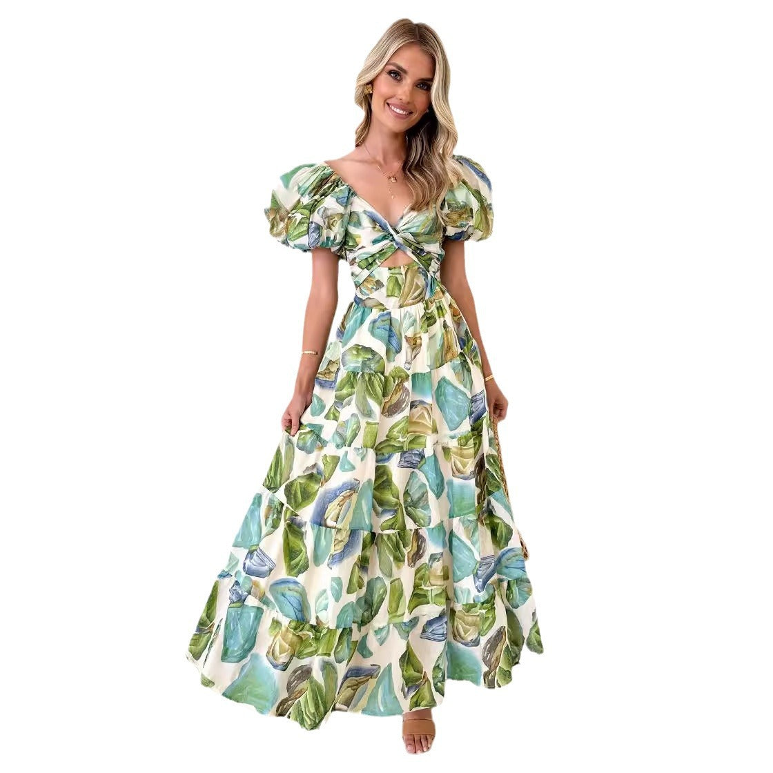 Women's Summer Vacation Casual Printed Puff Sleeve Dresses
