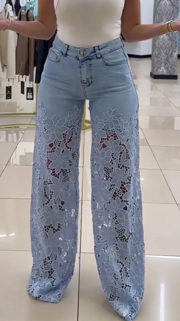 Women's Casual Fashion Hollow Lace Stitching Wide Jeans
