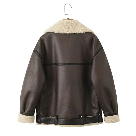 Women's Fashion Belt Zip Composite Fur Jackets