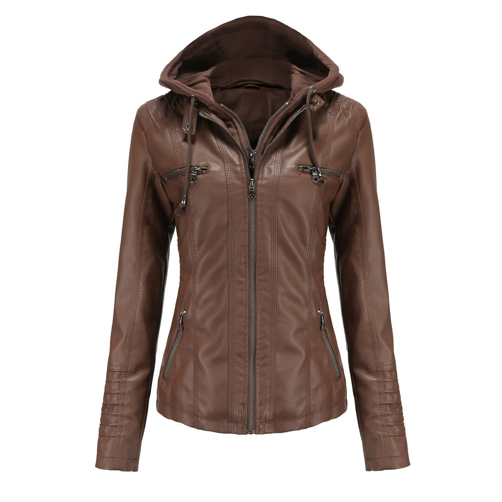 Women's Hooded Leather Two-piece Detachable Large For Coats