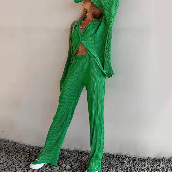 Solid Color Texture Loose Slimming Pleated Pants
