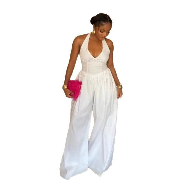 Elegant Halter Backless Slim Fit Solid Color Jeans