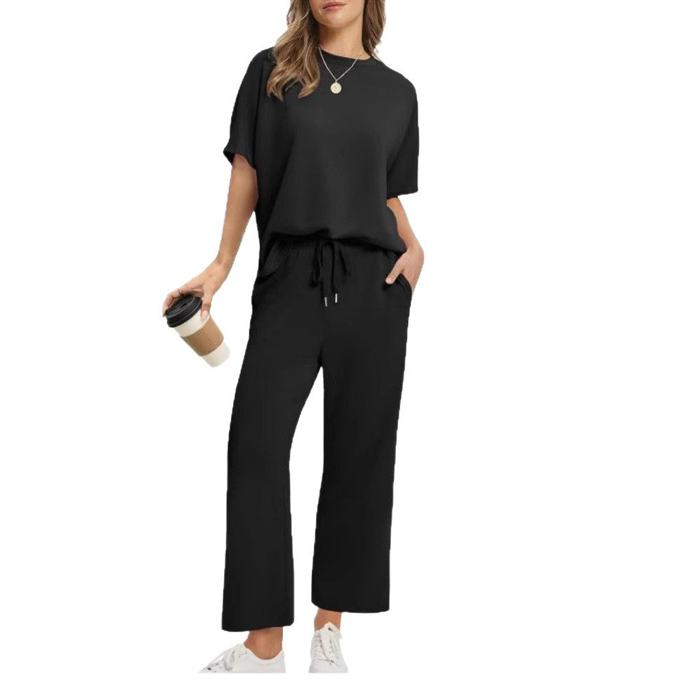 Women's Loose Outfit Round Neck Sleeve Two-piece Shorts