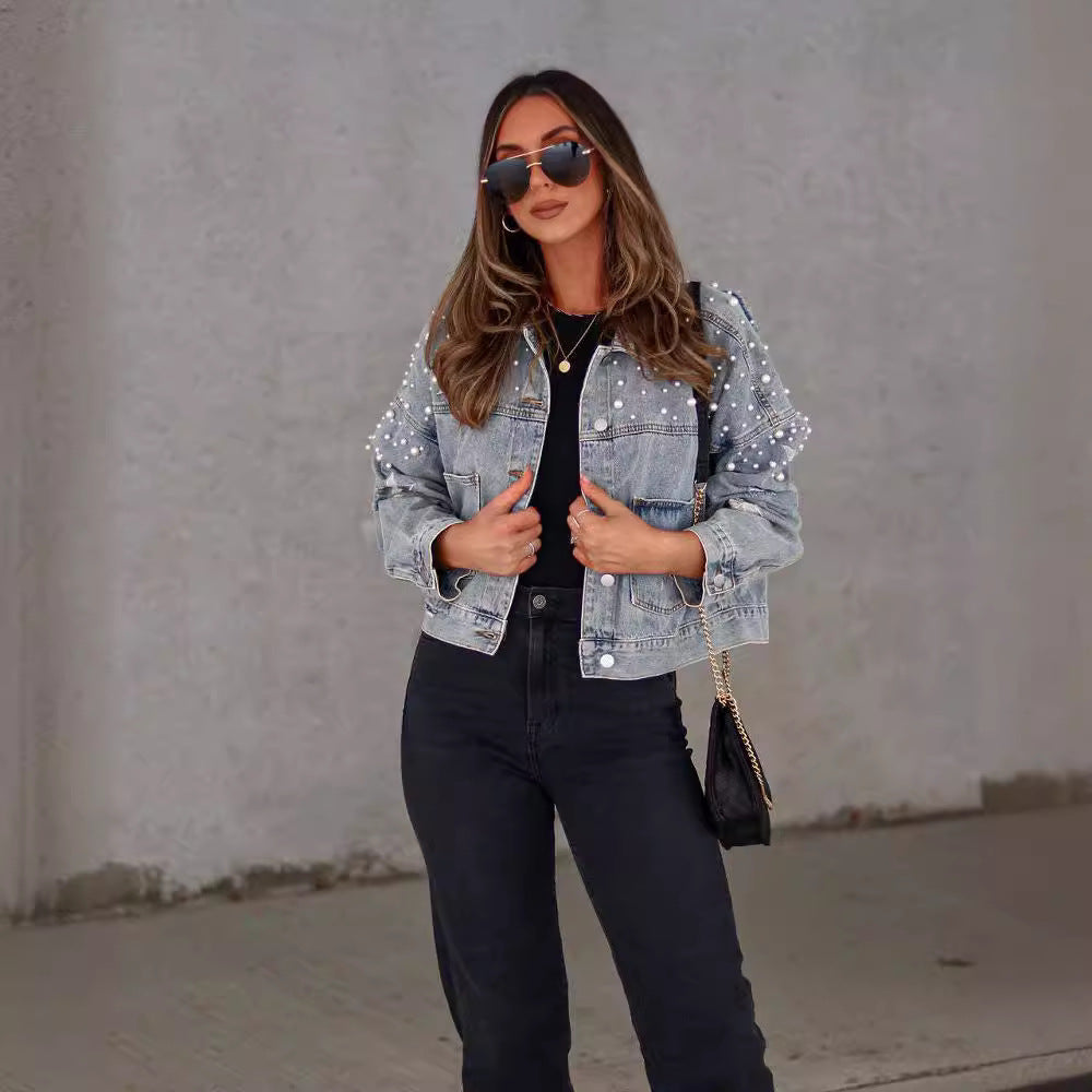 Women's Slouchy Fashion Bead Loose Denim Jackets