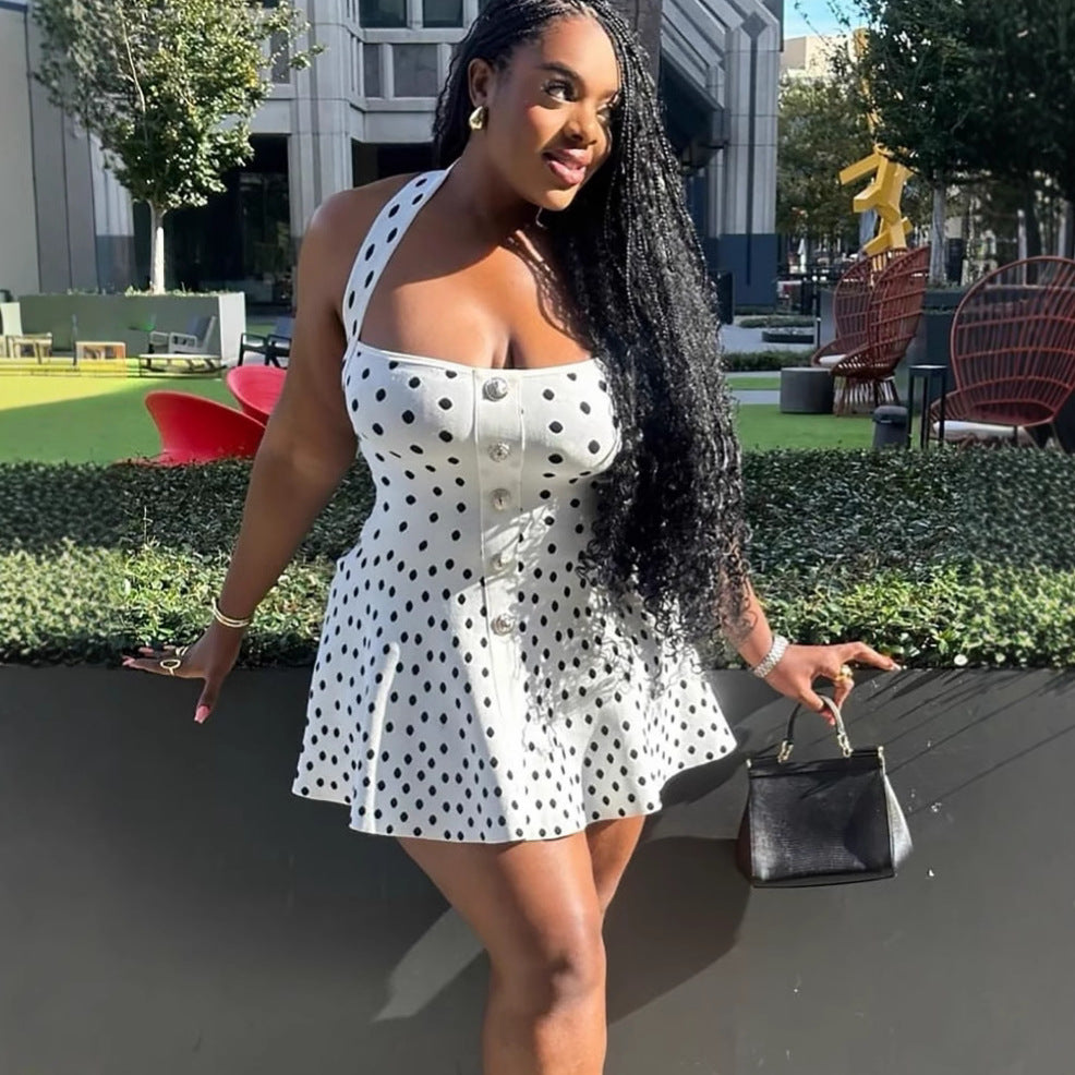 White Polka Dot Knitted Backless Halter Dresses