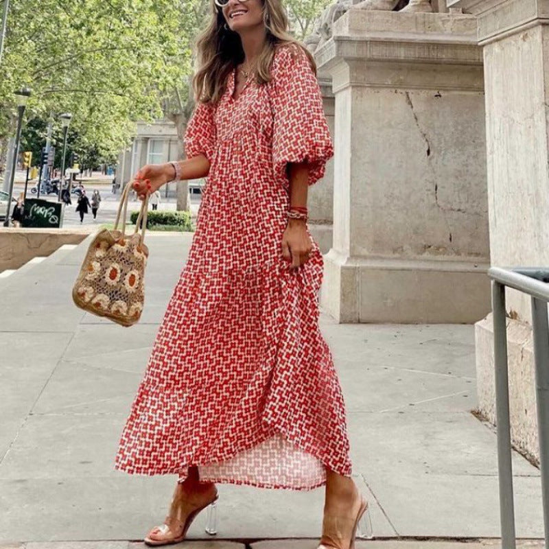 Women's Autumn Geometric Collage Puff Sleeve Dress Street Clothing
