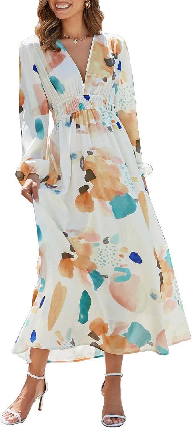 Women's Bohemian Style Deep V Printed High Waist Dresses