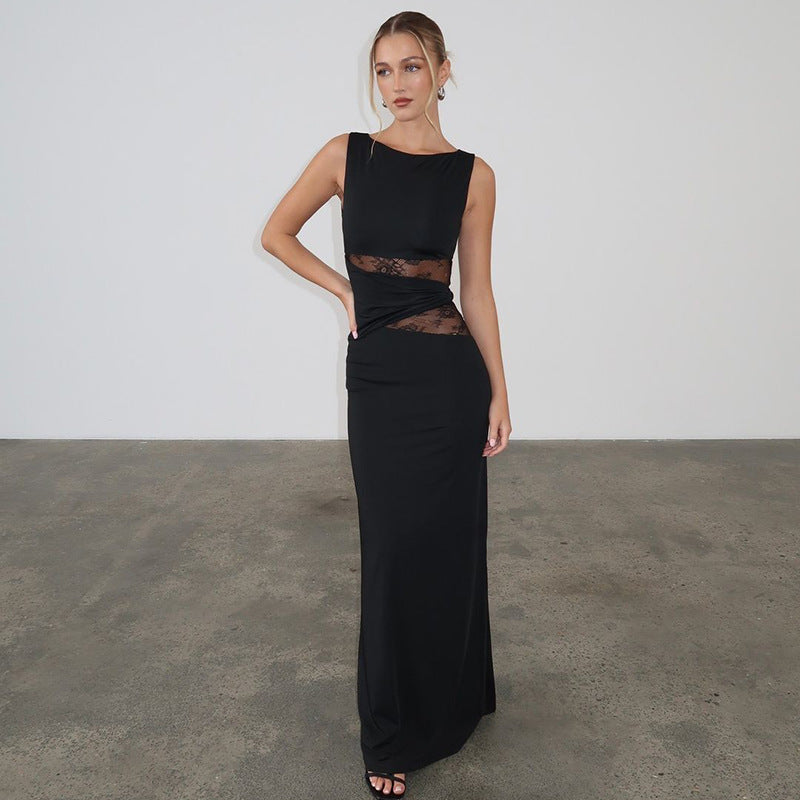 Women's Color Translucent Hollow Lace Twisted Belt Dresses