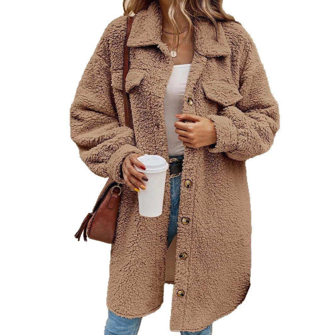 Women's Winter Buckle Lapel Plush Loose Temperament Coats
