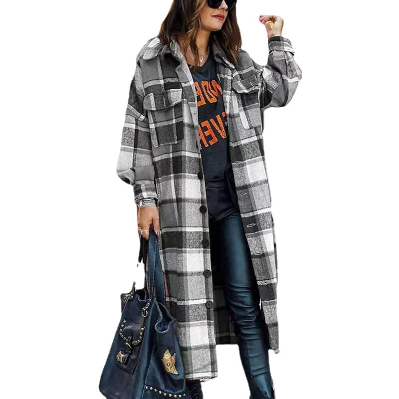 Women's Long Sleeve Loose Button Plaid Shirt Coats