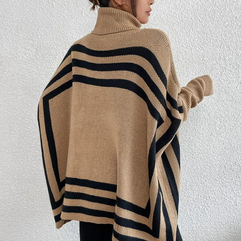 Women's Knitted Turtleneck Striped Batwing Sleeve Cape Coats